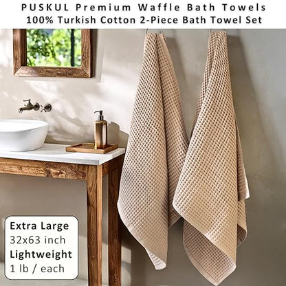 PÜSKÜL Natural 100% Turkish Cotton Waffle Bath Towels Set of 2-Piece | 32x63 inch Extra Large Absorbent Quick-Dry Lightweight Spa Towel | Luxury Sauna Accessories (Beige Bath Towels - Pack of 2) - color: Beige