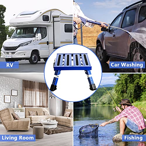 Homeon Wheels Aluminium RV Steps Adjustable Folding Step Stool with Non-Slip Rubber Feet, Stable Platform, Safety Strips, Handle, Easy Carry, Outdoor Camper Trailer Travel - Blue - color: Blue