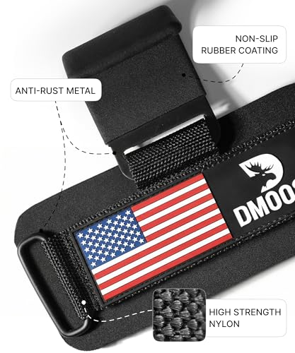 DMoose Fitness Weight Lifting Hooks (Pair) for Deadlifts, Pull Ups, Rows & Shrugs - Anti-Rip Nylon Strap Hand Grips with Thick Wrist Padding - Heavy Duty Wrist Straps for Weightlifting & Gym Workouts - color: American
