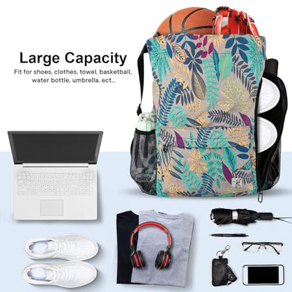 Drawstring Backpack with Mesh Pockets String Gym Bag Sackpack Sandproof Water Resistant Beach Backpack for Men Women - color: Gray Leaves