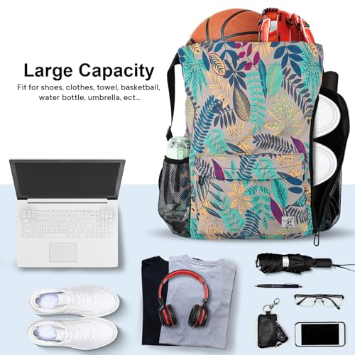 Drawstring Backpack with Mesh Pockets String Gym Bag Sackpack Sandproof Water Resistant Beach Backpack for Men Women - color: Gray Leaves