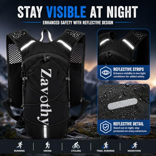Zavothy Hydration Backpack with 1.5L Water Bladder, Lightweight Water Backpack for Women, Hydration Pack with Rain Cover for Running Hiking Cycling Festival, Reflective Bounce-Free Fit - color: Black