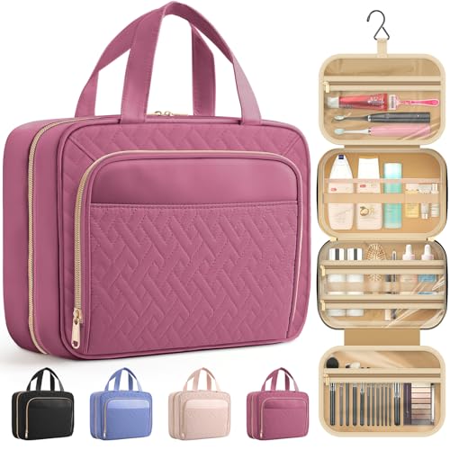 HOTOR Travel Toiletry Bag for Women & Men, Waterproof Makeup Bag with Hanging Hook and Multiple Pockets, Cosmetic Bags for Women, Travel Essentials, 11.2'' x 3.2'' x 8.9'', Rosewood-Pink - color: Rosewood-Pink, size: Medium