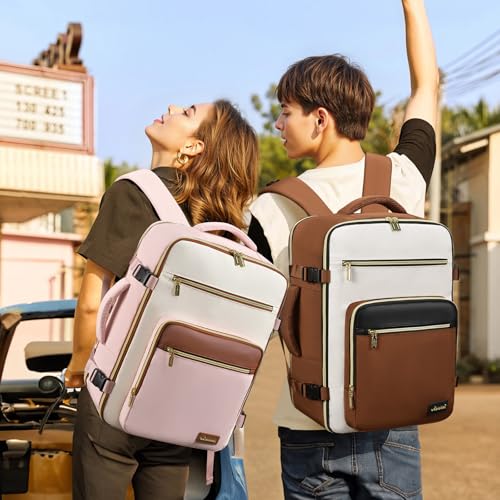 LOVEVOOK Travel Backpack For Women,50L Carry On Backpack Flight Approved,TSA Personal Item Travel Bag Fits 18 Inch Laptop,Business Weekender Overnight Daypack with Toiletry Bag and Cubes - color: Brown and White and Black, size: 18 Inch-50L-4Pcs