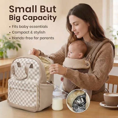 miss fong Small Diaper Bag - Baby Diaper Bag Backpack Checkered Diaper Bag with Changing Pad Baby Backpack for Travel Daycare Mommy Diaper Backpack Pañaleras Para Bebe for Mom & Dad-White&Beige - color: Beige&honey