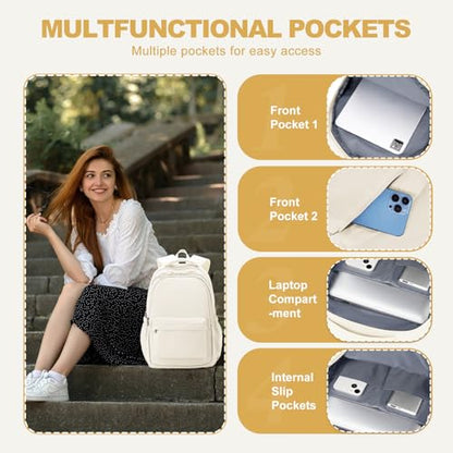 Lightweight School Backpack for Women Men, Laptop Travel Casual Daypack College Secondary School Bags Bookbag for Teenage Girls Boys, Beige - color: Beige