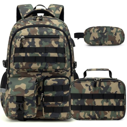 DIGOBAY Camo Backpack for Boys, Tactical Boys Backpack for School, Kids Backpack With Lunch Box Pencil Case USB Charging Port Military Army Book Bags for Boy Teens Kids Elementary Middle High School - color: Army Green Camo