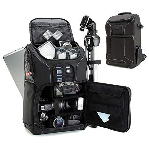 USA Gear Camera Backpack for Photographers DSLR/SLR/Mirrorless Camera Bag with Laptop Slot, Rain Cover, Tripod Holder - color: Black