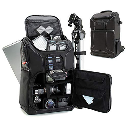 USA Gear Camera Backpack for Photographers DSLR/SLR/Mirrorless Camera Bag with Laptop Slot, Rain Cover, Tripod Holder - color: Black