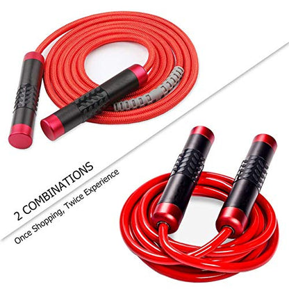 Redify Weighted Jump Rope for Workout Fitness(1LB), Tangle-Free Ball Bearing Rapid Speed Skipping Rope for MMA Boxing Weight-loss,Aluminum Handle Adjustable Length 9MM Fabric Cotton+9MM Solid PVC Rope - color: Red