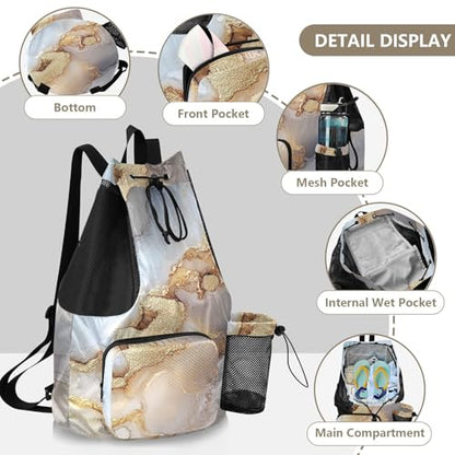 Drawstring Beach Backpack Sports Gym Bag With Inside Pockets String Swim Bag Dry Wet Separation Marble Beige Grey - color: Color 14