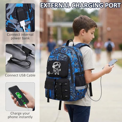 School Backpack for Boys - 3pcs Gamer Boys Backpack with Lunch Box Set for Kids Teens Elementary Middle High School,18″ Large Capacity Students Bookbag with Usb Charging Port - color: People-set