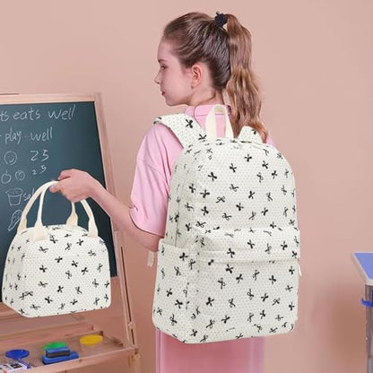 LEDAOU Backpack for Girls School Bag Kids Bookbag Teen Backpack Set Daypack with Lunch Bag and Pencil Case | Kids - color: Beige-bow Tie