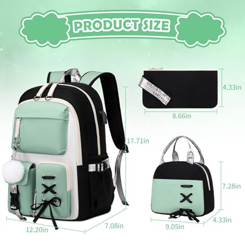 ACESAK Backpacks for Girls, Girls Backpack with Lunch Box and Pencil Case for Teen Kids Elementary Middle High School College Student, Children Backpack Bookbag with USB Charging Port (Peas Green) - color: Black With Pea Green Accent