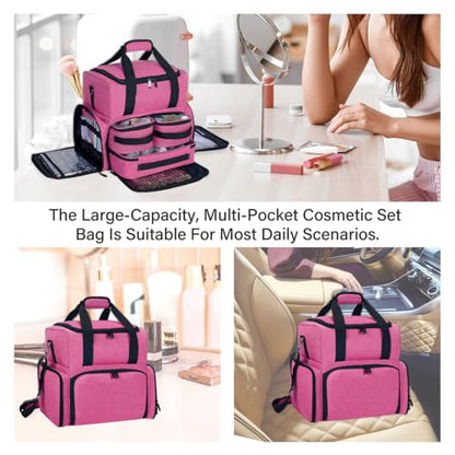 Large Makeup Cosmetic Bag with 3 Removable Case and 2 Removable Dividers Double Layer Travel Storage Organizer, Makeup Brushes Storage Section Rose Red - color: Rose Red