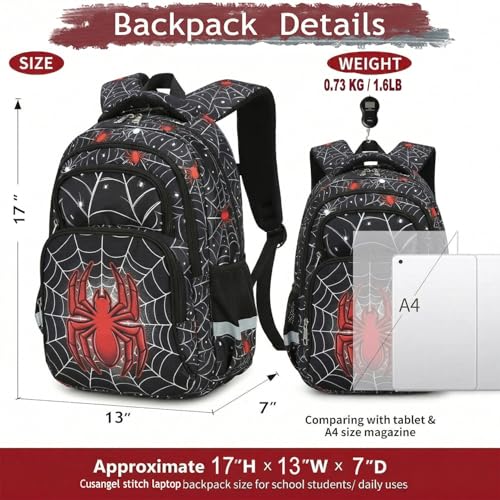 Cusangel kids Backpack for School Boys Girls 8-12ages,16in Bookbag Stitch,durable Water Resistant,7 Pockets, Adjustable Chest Strap,Large For Travel,Gifts (Red Spider-17in) - color: Red Spider-17in