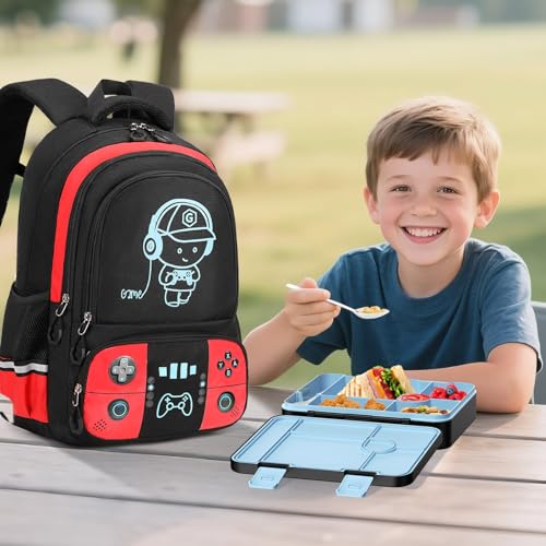 Bevalsa Backpack for Boys with 43OZ Bento Lunch Box,Insulated Lunch Bag & Pencial Case,Cool Luminous Gamer Schoolbag for Kids Teens Elementary Middle School,Bookbag Glow In The Dark - color: Red, style: Backpack With 43oz Bento Box