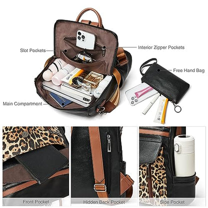 Shrrie Backpack Purse for Women Fashion Leather Backpack Purse Designer Travel Backpack Convertible Shoulder Bag with Wristlet - color: 2-3 Black With Leopard
