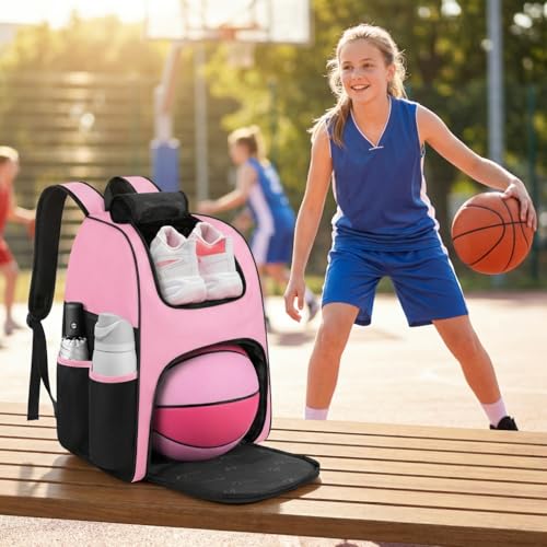 MATEIN Basketball Bag, Sturdy Soccer Bag with Ball Holder & Shoe Compartment, Large Basketball Backpack for Training Equipment, Water Resistant Sports Ball Backpack Fits Volleyball Football, Colorful - color: Black Pink - Large