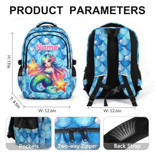 Personalized Girls Backpack Custom Mermaid Backpacks for Kids Back to School, Durable 17 Inch Schoolbags with Name for School Travel Picnic - color: Blue