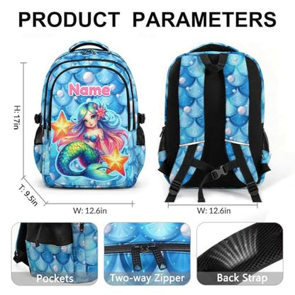 Personalized Girls Backpack Custom Mermaid Backpacks for Kids Back to School, Durable 17 Inch Schoolbags with Name for School Travel Picnic - color: Blue