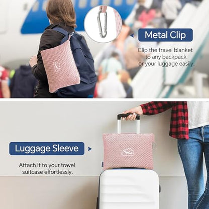 BEDELITE Travel Blanket with Bag, Ultra-Soft Jacquard Fleece Blanket with Luggage Sleeve & Backpack Clip, Airplane Blanket Travel Essentials, Pink - color: Pink