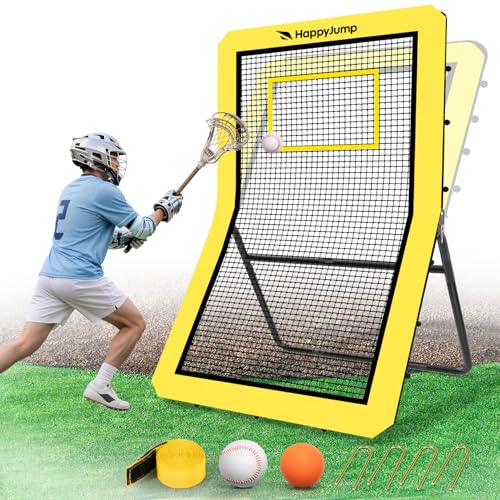Happy Jump 7x4 FT Pro Lacrosse Rebounder Training Set with 5 Adjustable Angles, Heavy-Duty Bounce Back Net Frame, Includes Lacrosse Ball & Baseball, Portable for Outdoor Practice