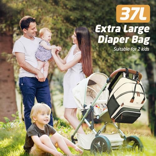 Diaper Bag Backpack - Extra Large Diaper Bag for 2 Kids Twin, Travel Baby Bags for Mom Dad 25-37L Expandable with Changing Pad Earphone Hole, Apricot Green - color: Green & Apricot