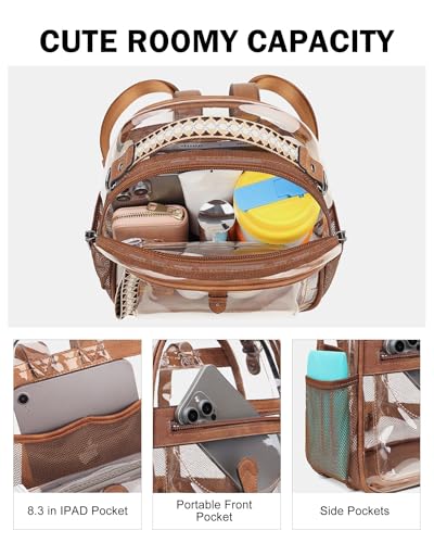 FADEON Clear Small Backpack Purse for Women, Designer Transparent Shoulder Handbag, PVC Mini Clear Bag for Stadium Approved - color: 1-brown Retro Style