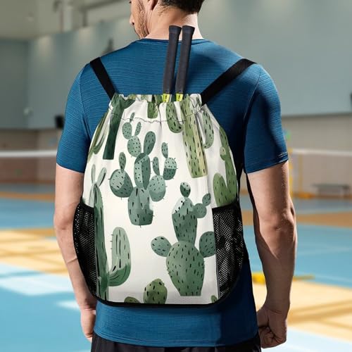 Drawstring Gym Backpack with Shoe Compartment And Wet Pocket, 28L Lightweight Waterproof Light Cactus Pattern Sports Backpack for Workout Swim Beach Travel String Bag for Men Women
