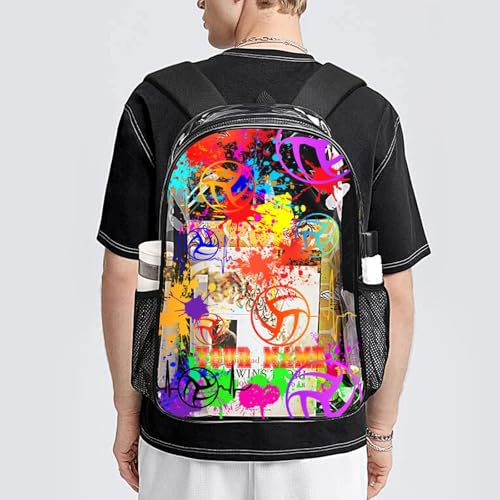 Custom Volleyball Clear Backpack Heavy Duty for Girls Kids Boys | Large Cool PVC Volleyball Theme Printing Transparent Backpacks for Schools Stadium Concerts Work - Clear/Black - color: Volleyball Clear Backpack 1 Black Custom