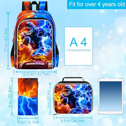 AGSDON 3PCS Boys Backpack for Boys, 17" Kids Bookbag with Lunch Box for Boy,Rugby Flame Thunder Backpacks Water Resistant and Lightweight for Teen - color: Rugby 01