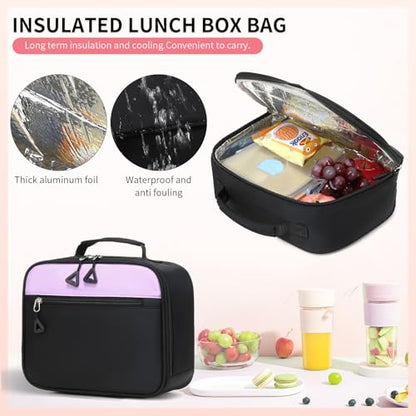 CYOQX 3PCS School Backpack for Girls with Lunch Box Teen Girl Backpack Set Elementary Middle High School Bag Large Cute Bookbags Kids Book Bag - color: Black Purple 3pcs