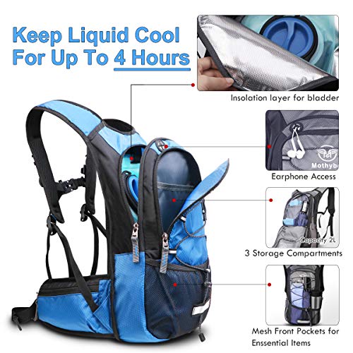 Mothybot Hydration Pack, Insulated Hydration Backpack with 2L BPA Free Water Bladder and Storage, Hiking Backpack for Men, Women, Kids for Running, Cycling, Camping - Keep Liquid Cool up to 5 Hours - color: Blue
