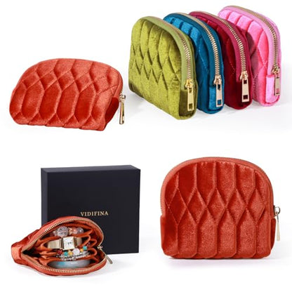 Travel Jewelry Case, Mini Travel Jewelry Bag with Zipper, 5-Layer Velvet Organizer Pouch for Bracelet Rings Earrings - Diamond Stitched Velvet Caramel - color: Caramel