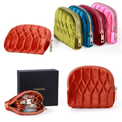Travel Jewelry Case, Mini Travel Jewelry Bag with Zipper, 5-Layer Velvet Organizer Pouch for Bracelet Rings Earrings - Diamond Stitched Velvet Caramel - color: Caramel