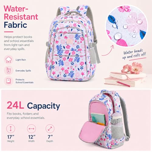MYGOO Girls School Backpack Euclid Flower Pink Bookbag for Elementary Middle School Ages 5-12, 17 inch Large Capacity 24L Kids Student Travel Bags - color: Euclid Flower Pink