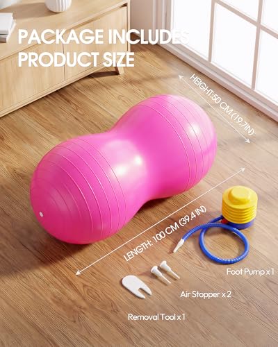 Premium Peanut Ball - 100x50cm Anti-Burst Exercise Ball for Physical Therapy, Pregnancy Labor & Home Fitness Sensory| Non-Slip Design | Quick-Inflate Pump Included - color: pink