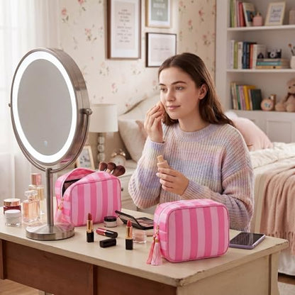 Kacctyen 6 Pack Bright Pink and Candy Pink Striped Makeup Bag bulk with Tassel Travel Cosmetic Pouch Organizer Large Zipper Toiletry Case for Women Aesthetic Storage Pouch Mahjong Tile Bag - color: Bright Pink and Candy Pink