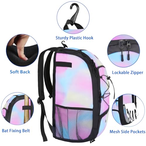 MATEIN Baseball Backpack, Softball Bat Bag with Shoes Compartment for Youth, Boys and Adult, Lightweight Baseball Bag with Fence Hook Hold TBall Bat, Batting Mitten, Helmet, Caps, Teeball Gear - color: Tie Dye, size: 47L