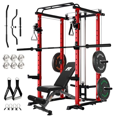 RitFit Multi-Function Garage & Home Gym Package Includes 1200LBS Power Cage PPC03/P3 with Cable Crossover System, Weight Bench, Olympic Barbell Weight Set, Full Body Workout - color: Red, style: Package 1.2K (with FBP 100lbs Plates)