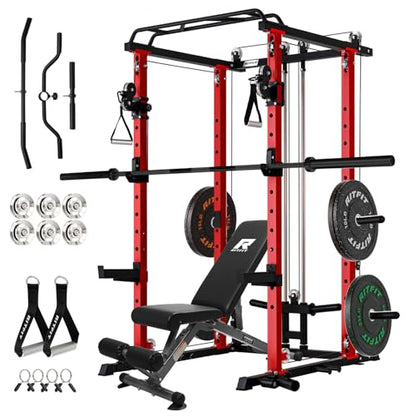 RitFit Multi-Function Garage & Home Gym Package Includes 1200LBS Power Cage PPC03/P3 with Cable Crossover System, Weight Bench, Olympic Barbell Weight Set, Full Body Workout - color: Red, style: Package 1.2K (with FBP 100lbs Plates)