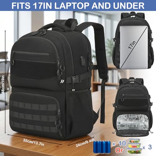 Laptop Lunch Backpack for Men - Large Capacity Tactical Insulated Backpack Cooler with USB Post and Lunch Box Compartment RFID Lunch Box Backpack for Work, Travel, Picnic, Black