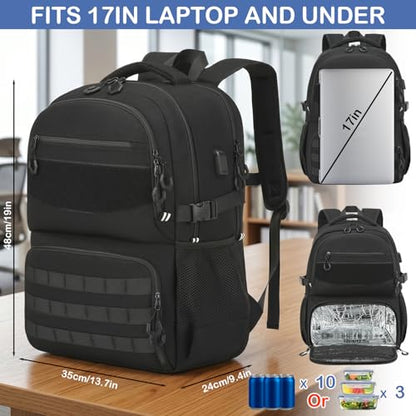 Laptop Lunch Backpack for Men - Large Capacity Tactical Insulated Backpack Cooler with USB Post and Lunch Box Compartment RFID Lunch Box Backpack for Work, Travel, Picnic, Black