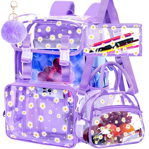 3PCS Clear Backpack, Heavy Duty Transparent Bookbag for Girls Women, Stadium Approved See Through Backpack with Lunch Box (Purple Daisy) - color: Purple Daisy