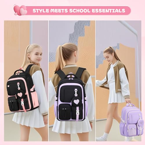 MOONBABY Girls Backpack, Kids Backpack for Girls, School bag for Primary Elementary Teenage, Middle School Students Bookbag - color: Black Pink