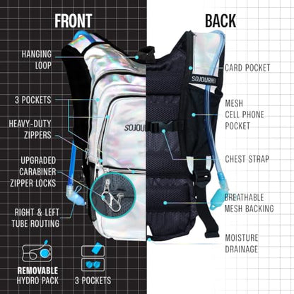Sojourner Hydration Pack, Hydration Backpack - Water Backpack with 2l Hydration Bladder, Festival Essential - Rave Hydration Pack Hydropack Hydro for Hiking, Running, Biking, Festival Gear - color: Holographic - Silver