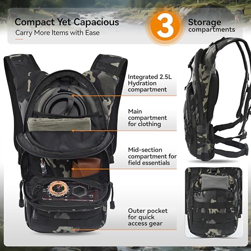 MARCHWAY Tactical Molle Hydration Pack with 2.5L TPU Water Bladder, Low-Profile Organized Military Backpack for Hiking, Cycling, Backpacking, Hunting, Running - color: Black Camo