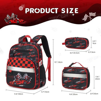 3PCS Boys Backpack Ages 5-8 with Lunch Bag & Pencil Case, Toddler School Backpack for Kids Boys - 15inch Backpack Boy Bookbag for Preschool Kindergarten Elementary School - color: Racing Cars