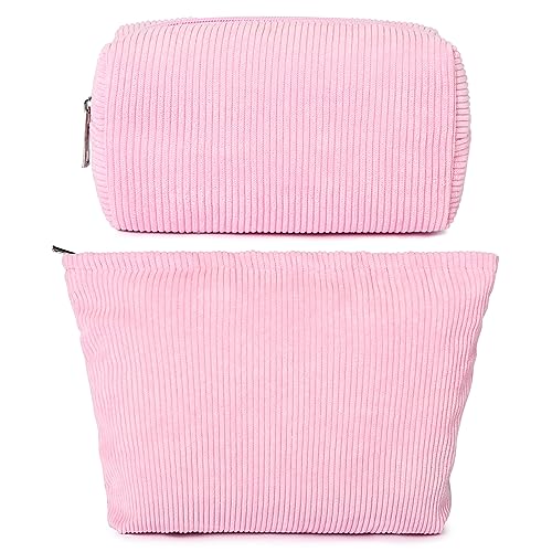 SOIDRAM 2 Pieces Makeup Bag Large Corduroy Cosmetic Bag Capacity Canvas Mix Travel Toiletry Bag Organizer Cute Makeup Brushes Aesthetic Accessories Storage Bag for Women,Corduroy Mix Hot Pink - color: Corduroy Hot Pink